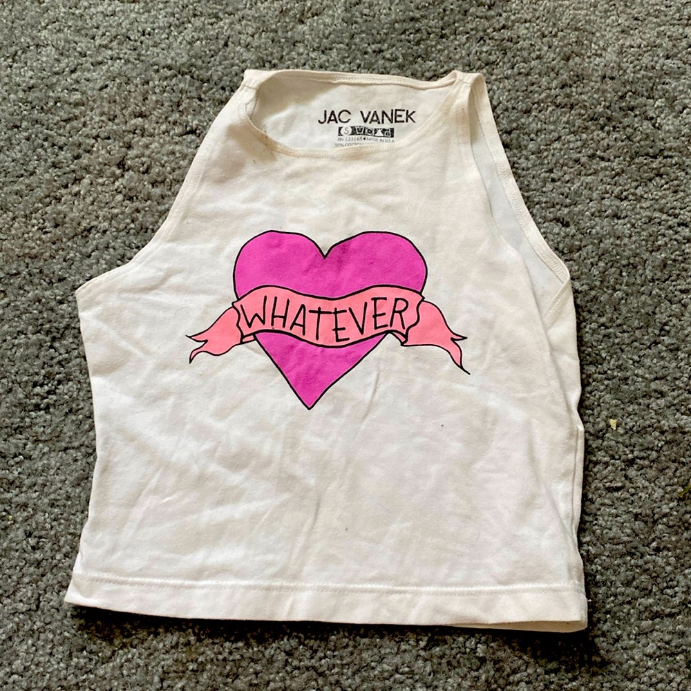 Jac Vanek “whatever” heart crop tank top